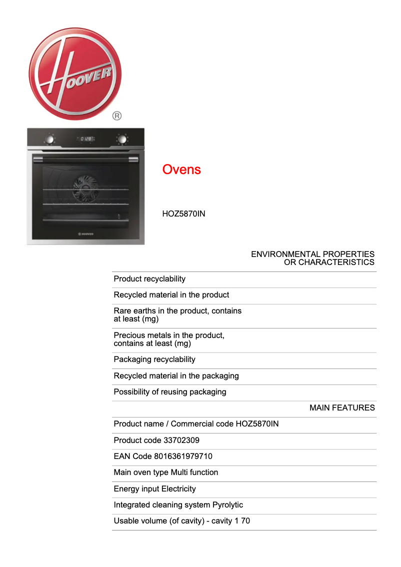 Page n°1 - Fiche technique Hoover H-OVEN 500 HOZ5870IN