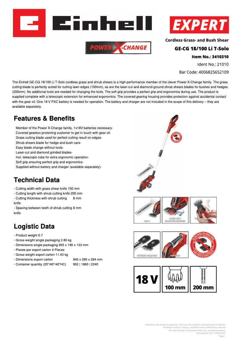 Page 1 de la notice Fiche technique Einhell GE-CG 18/100 Li T-Solo