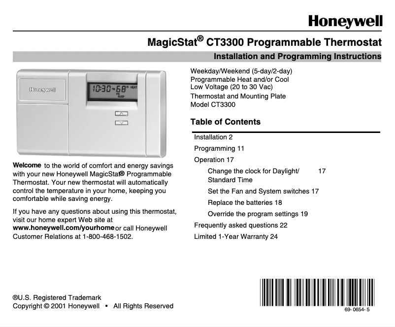 Page n°1 - Manuel utilisateur Honeywell CT3300