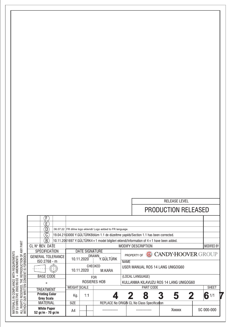 Page 1 de la notice Manuel utilisateur Rosieres RVG6K3B/1