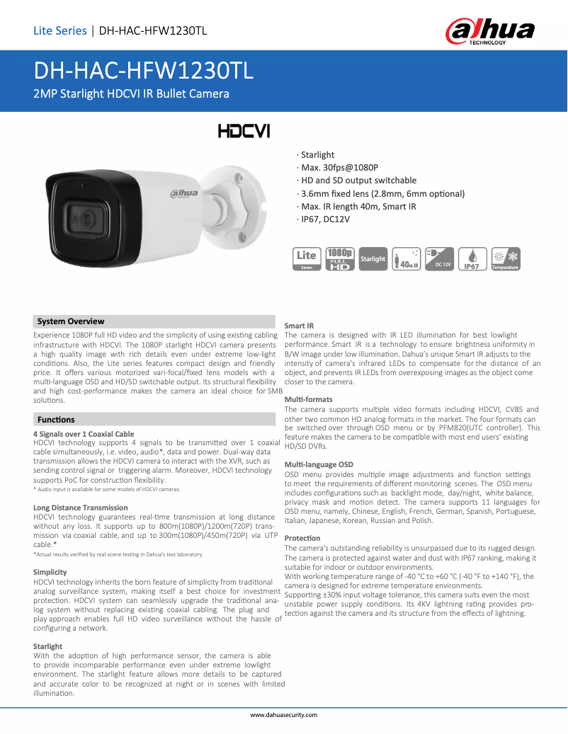 Page n°1 - Fiche technique Dahua Technology HAC-HFW1230TL