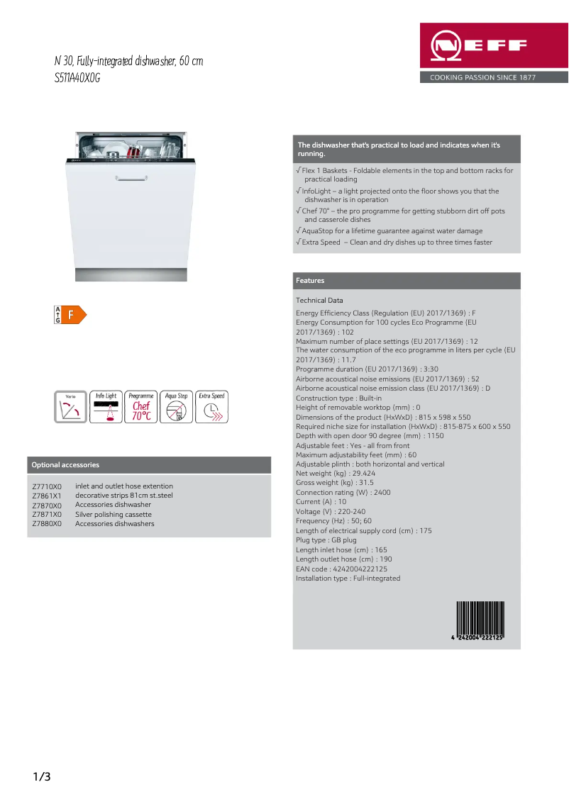 Page n°1 - Fiche technique Neff S511A40X0G