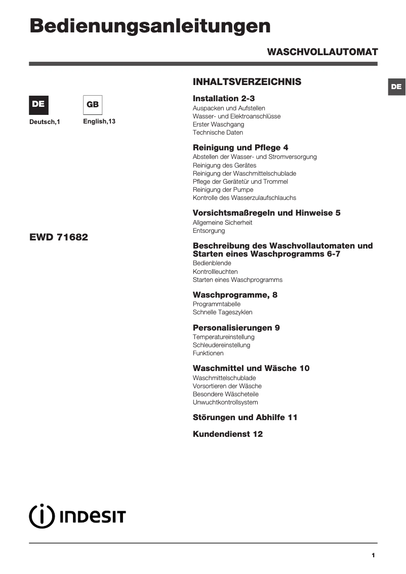 Page 1 de la notice Manuel utilisateur Indesit EWD 71682 B DE
