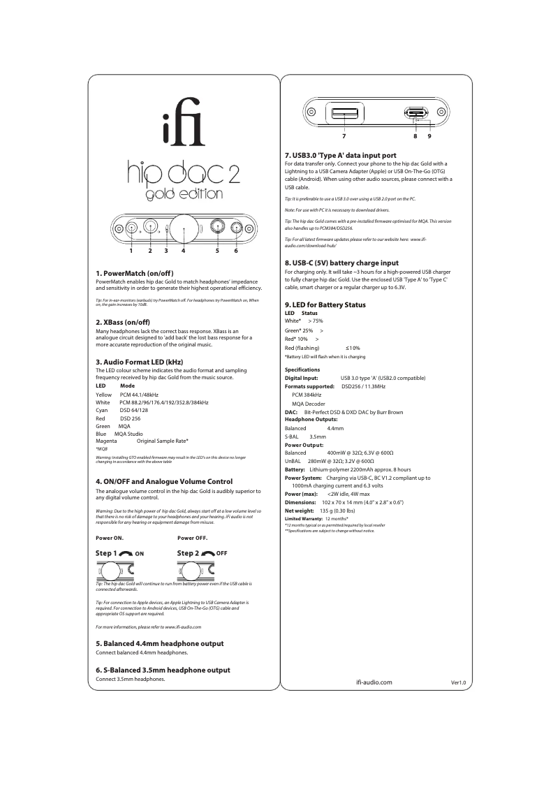 Image de la première page du manuel de l'appareil hip-dac 2 gold edition