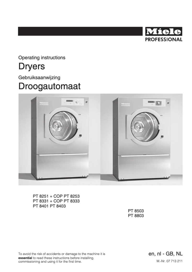 Page 1 de la notice Manuel utilisateur Miele PT 8503