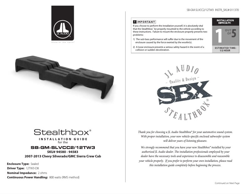 Image de la première page du manuel de l'appareil Stealthbox SB-GM-SLVCC2/12TW3/BK