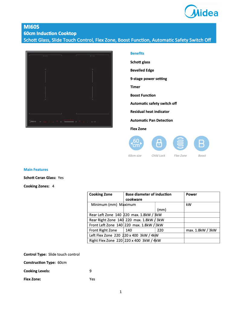 Page 1 de la notice Fiche technique Midea MI60S