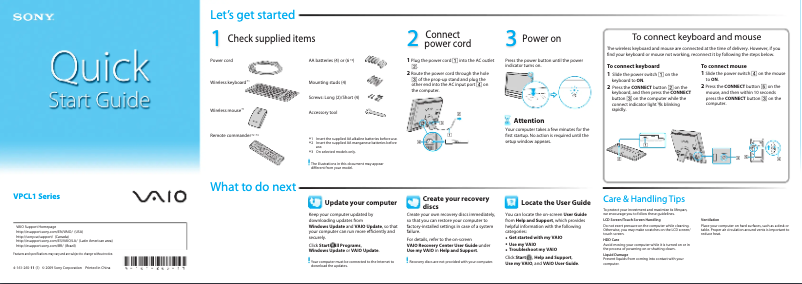 Page n°1 - Guide d'installation Sony Vaio VPCL113FX