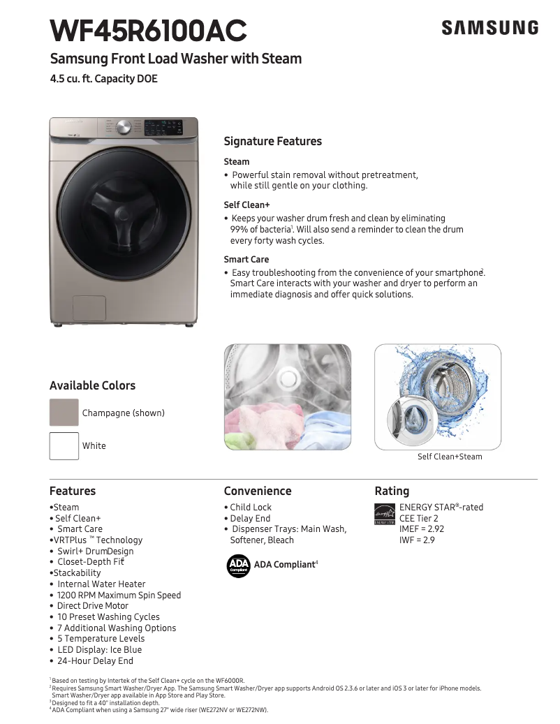 Page 1 de la notice Fiche technique Samsung WF45R6100AC