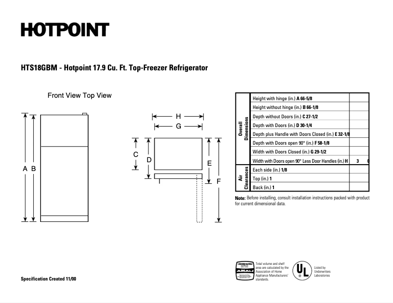 Página 1 del manual Ficha técnica Hotpoint HTS18GBMCC
