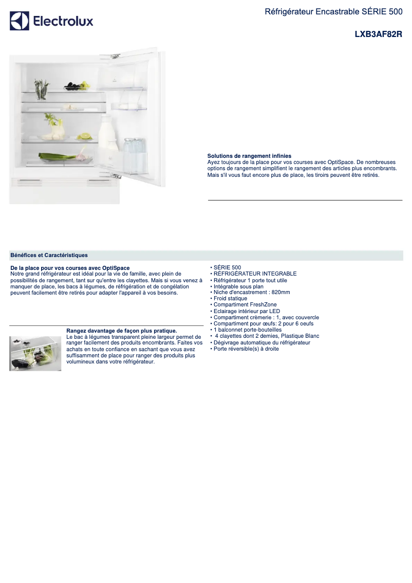 Page 1 de la notice Fiche technique Electrolux LXB3AF82R