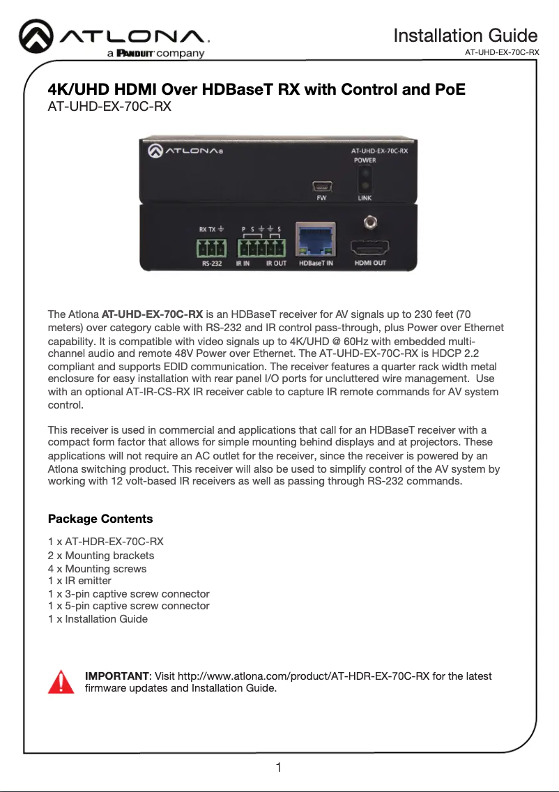 Page 1 de la notice Guide d'installation Atlona AT-UHD-EX-70C-RX