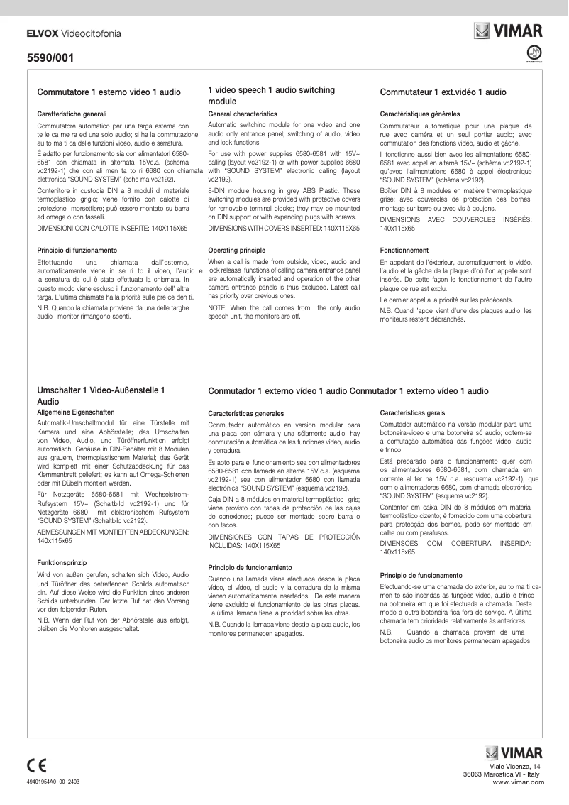 Page n°1 - Instructions / montage Vimar ELVOX 5590/001