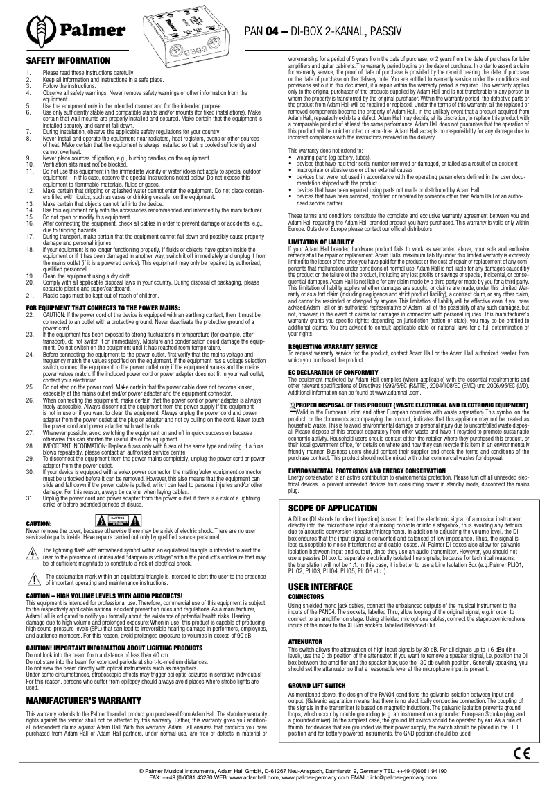 Page 1 de la notice Manuel utilisateur Palmer PAN 04