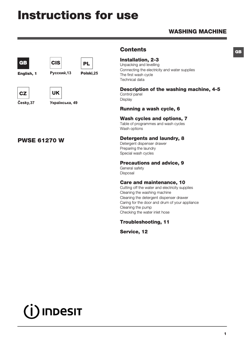Page n°1 - Manuel utilisateur Indesit PWSE 61270 W