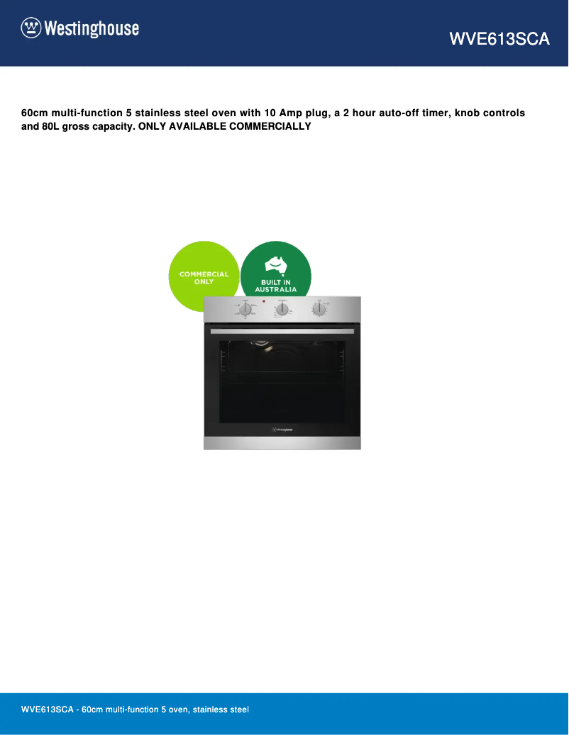 Page 1 de la notice Fiche technique Westinghouse WVE613SCA