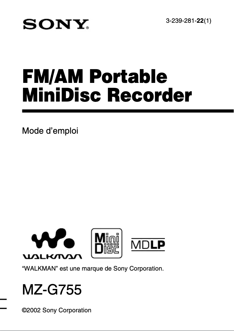 Page 1 de la notice Manuel utilisateur Sony MZ-G755