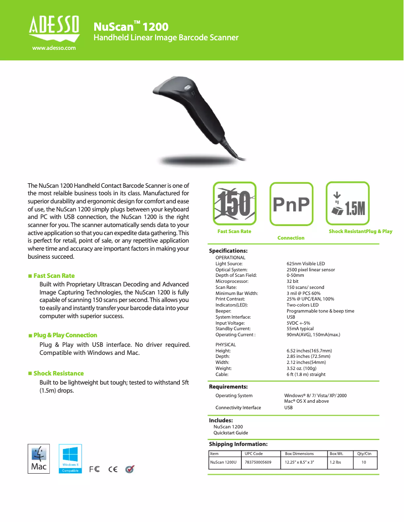 Page 1 de la notice Manuel utilisateur Adesso NuScan 1200