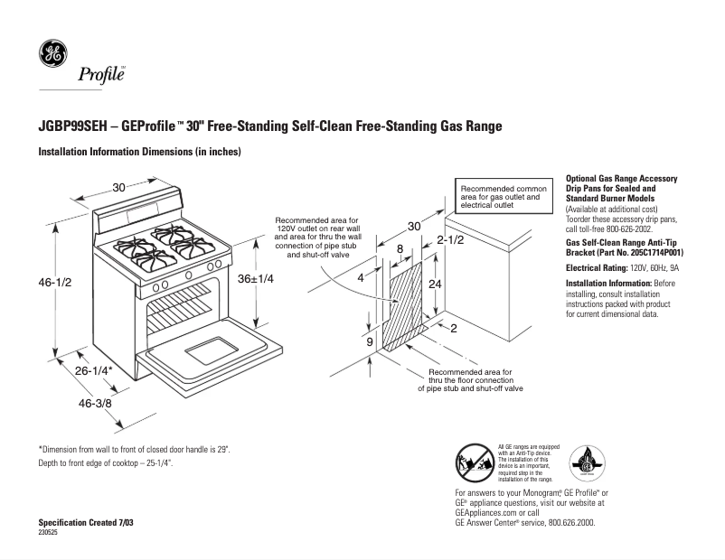 Page n°1 - Fiche technique GE Profile JGBP99SEHSS