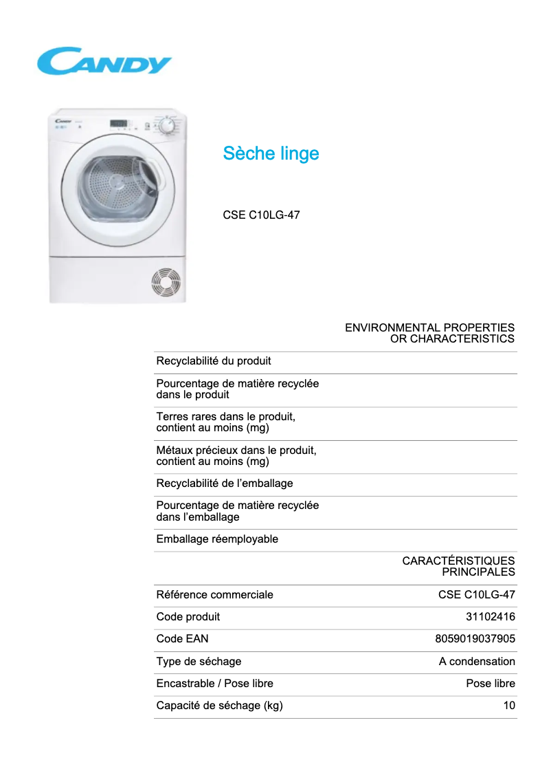 Image de la première page du manuel de l'appareil CSE C10LG-47