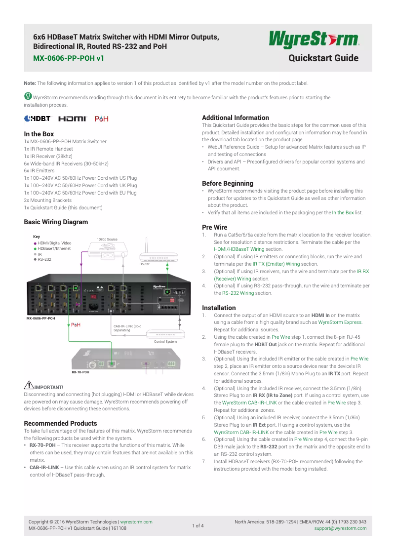Page 1 de la notice Manuel utilisateur WyreStorm MX-0606-PP-POH