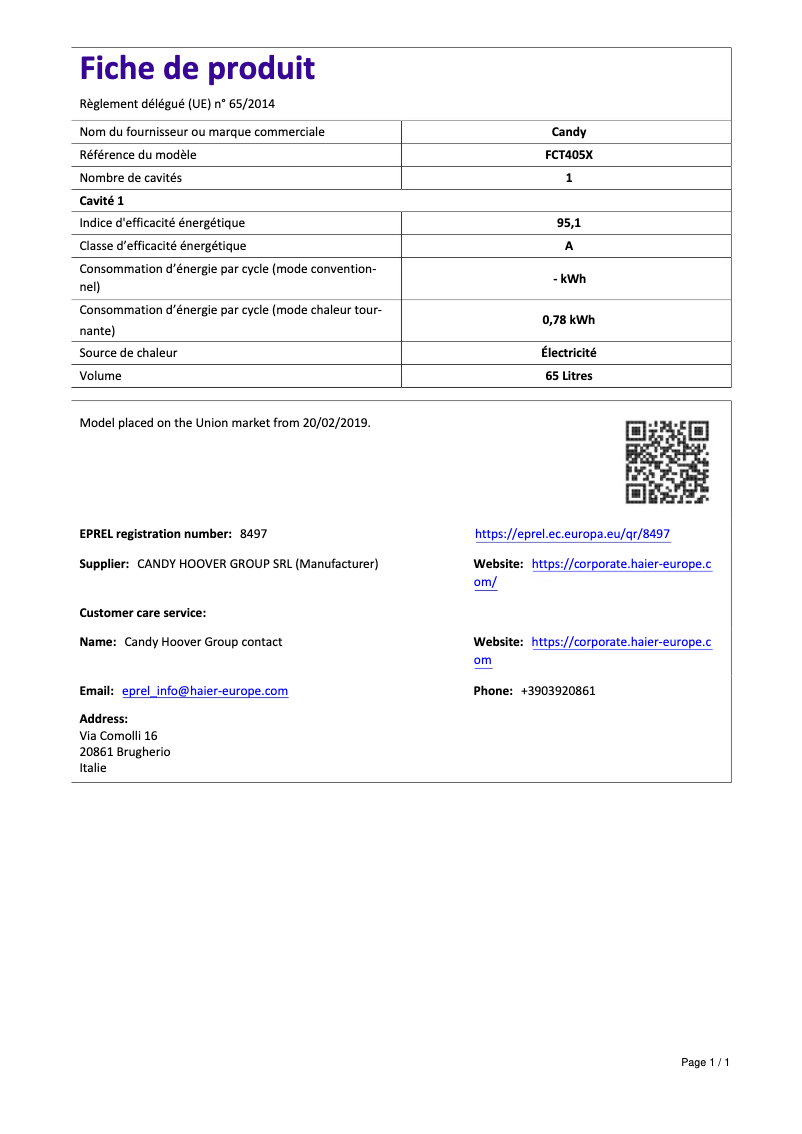 Page n°1 - Manuel utilisateur Candy FCT405X