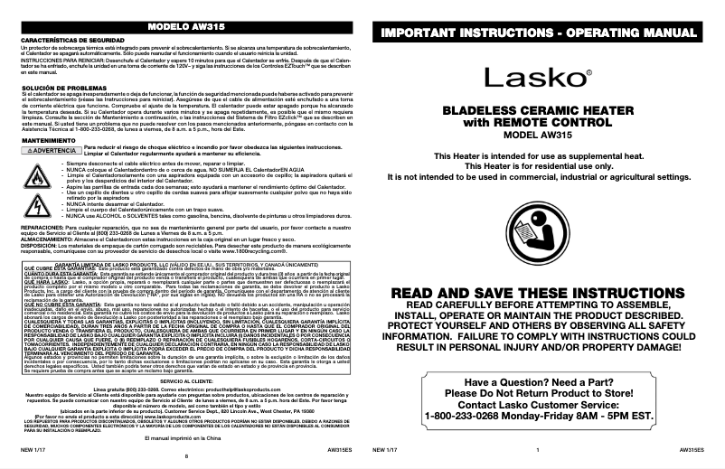 Page 1 of the manual User Manual Lasko AW315