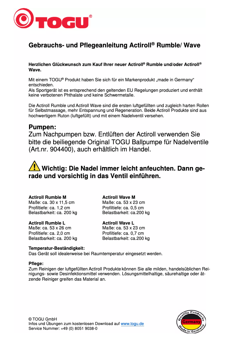 Page 1 de la notice Manuel utilisateur TOGU Actiroll Rumble L