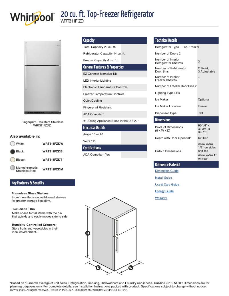Page 1 de la notice Fiche technique Whirlpool WRT311FZDT