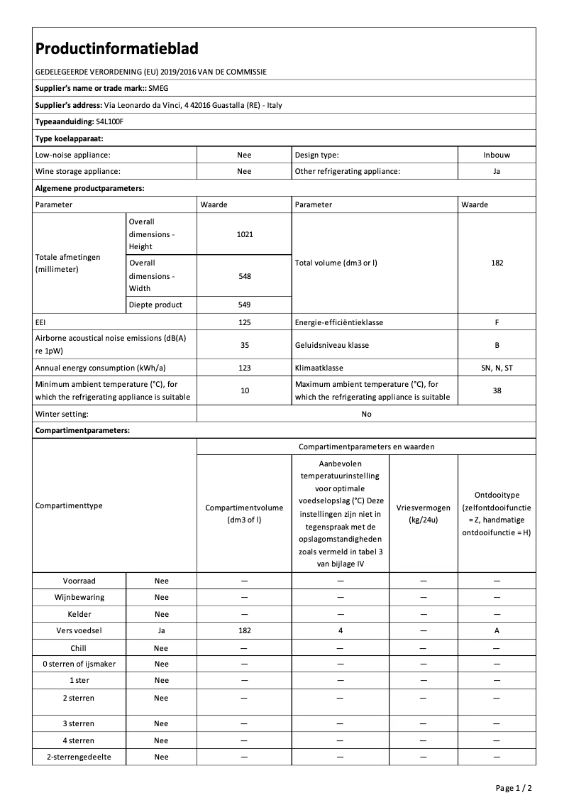 Page n°1 - Fiche technique Smeg S4L100F