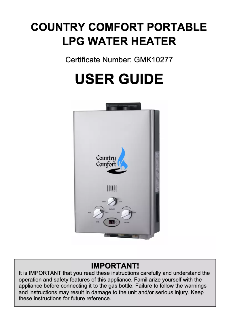 Image de la première page du manuel de l'appareil Portable LPG Water Heater