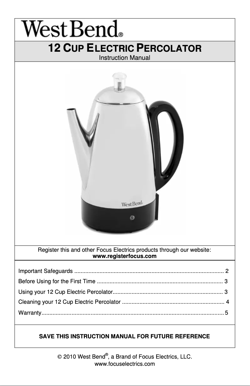 Page n°1 - Manuel utilisateur WestBend 54149