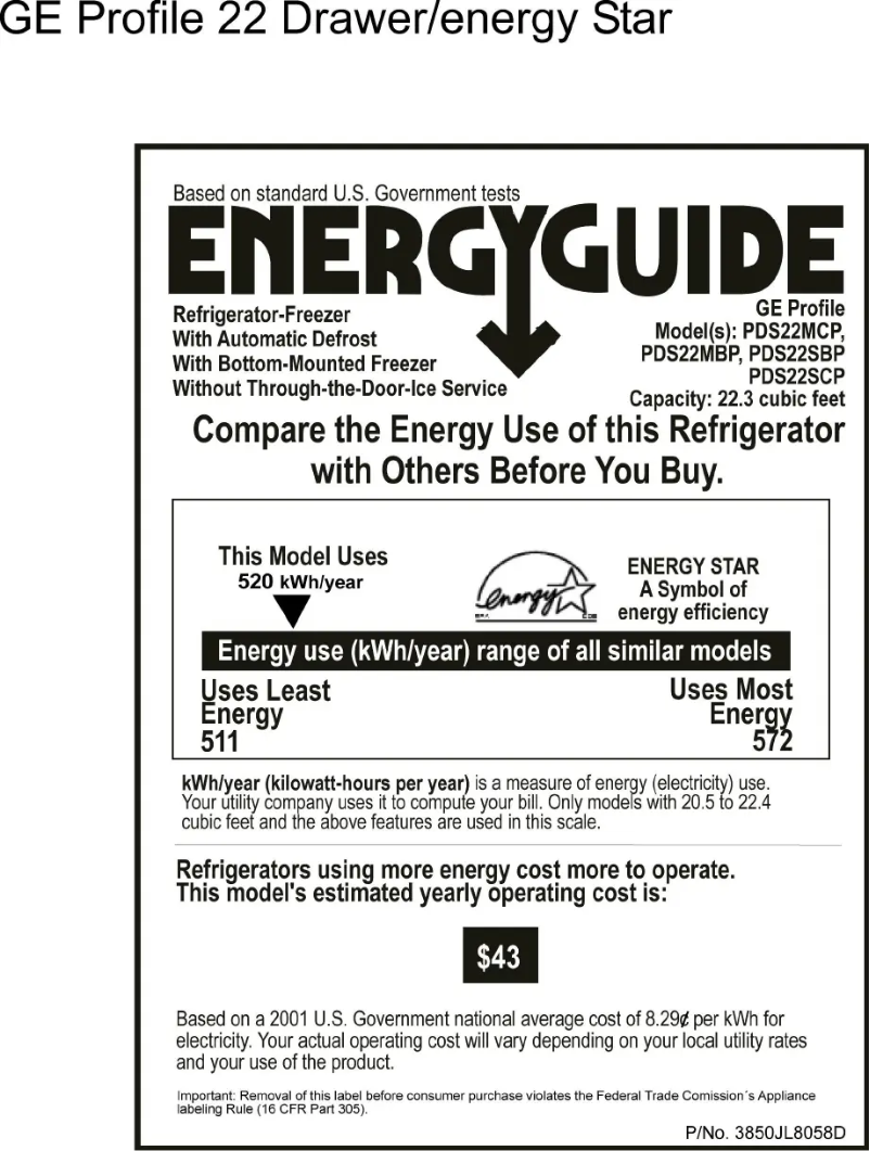 Page 1 de la notice Label énergétique GE PDS22SBPRSS