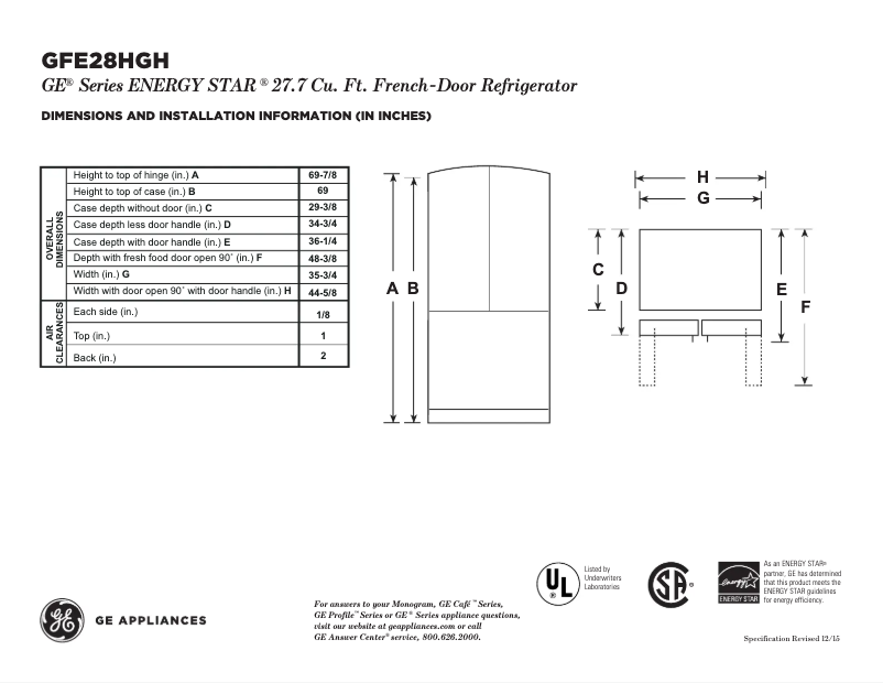 Page 1 de la notice Fiche technique GE GFE28HGHBB