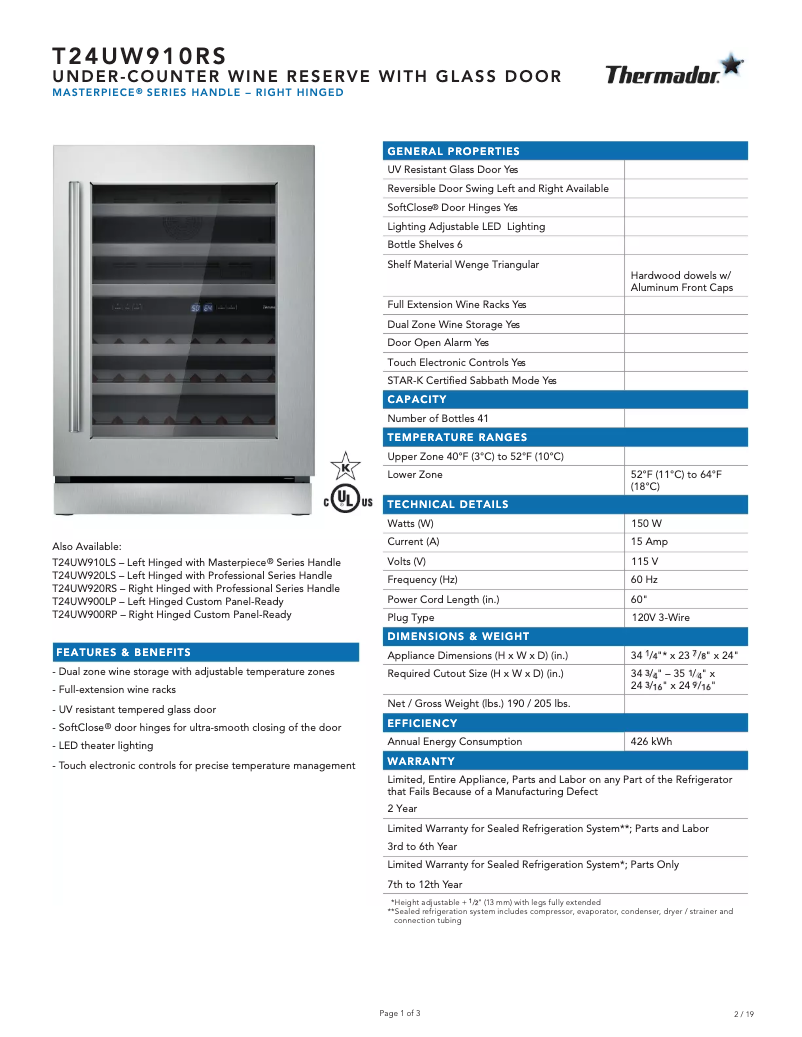 Page n°1 - Fiche technique Thermador T24UW910RS
