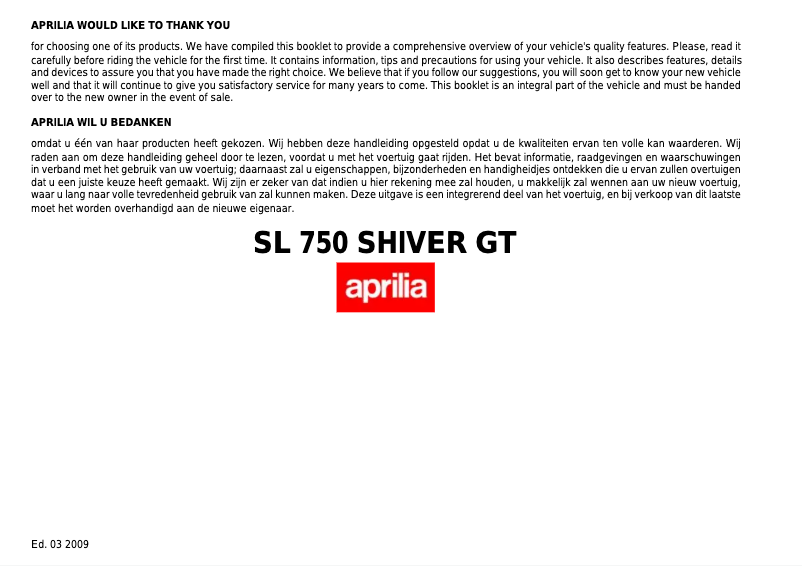 Image de la première page du manuel de l'appareil SL 750 SHIVER GT (2009)