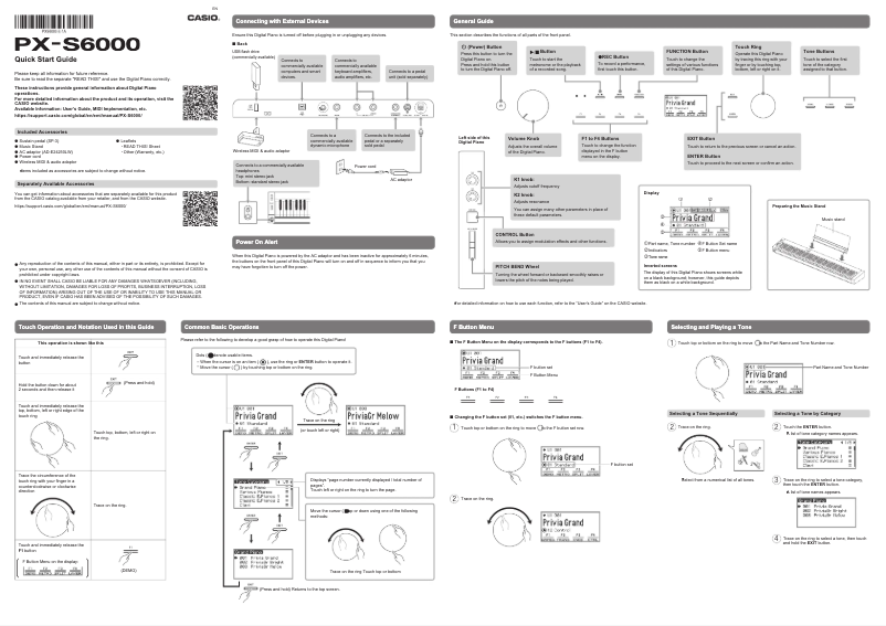Page 1 de la notice Guide de démarrage rapide Casio Privia PX-S6000