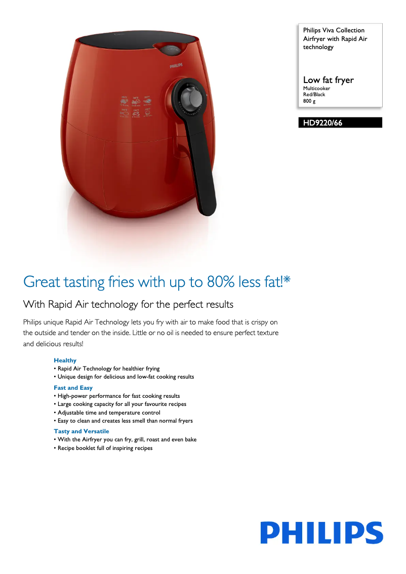 Page 1 de la notice Fiche technique Philips Viva Collection Airfryer HD9220