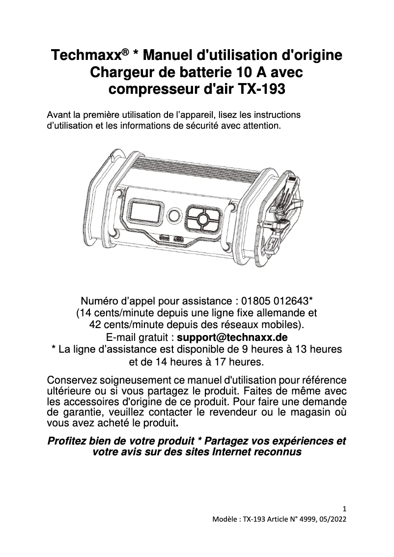 Page 1 de la notice Manuel utilisateur Technaxx TX-193