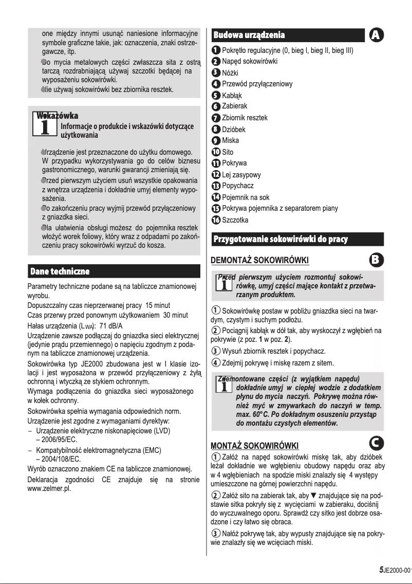 Page 1 de la notice Manuel utilisateur Zelmer JE2000