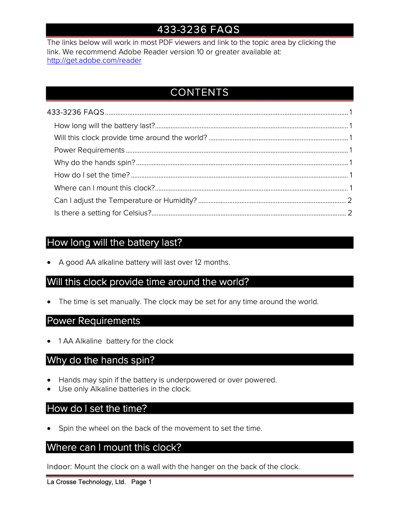 Page 1 de la notice FAQ La Crosse Technology 433-3236