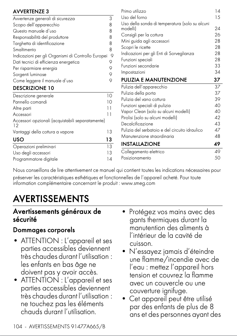 Page 1 de la notice Fiche technique Smeg SO6102S3PS