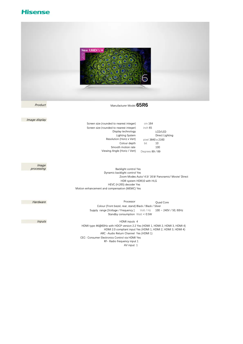 Page n°1 - Fiche technique Hisense 65R6