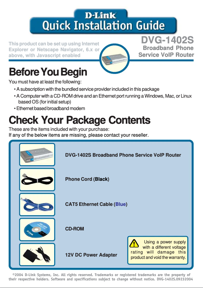 Page n°1 - Guide d'installation D-Link DVG-1402S