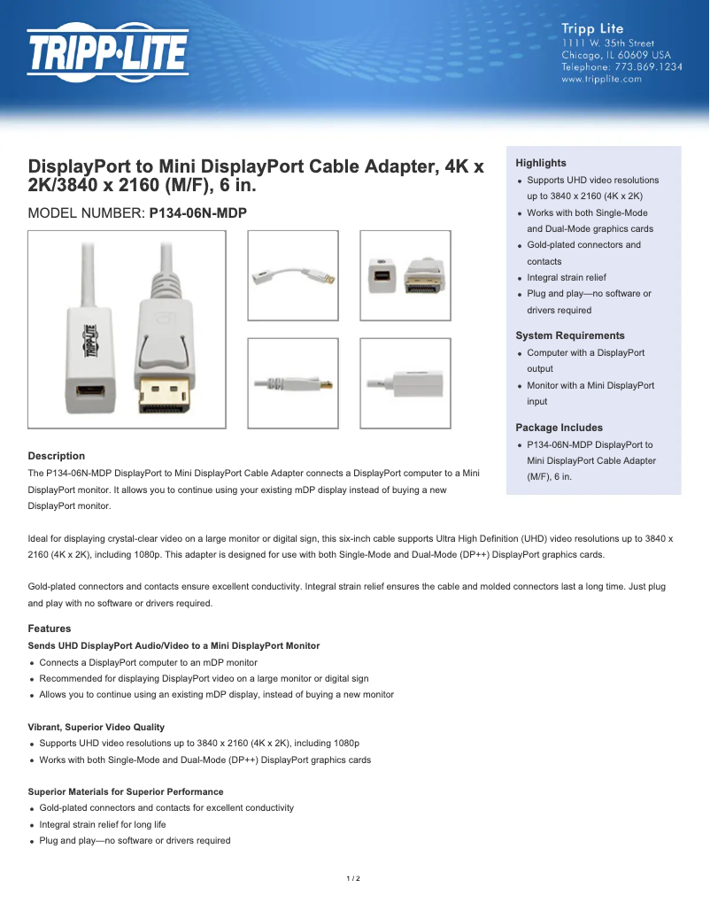 Page 1 de la notice Manuel utilisateur Tripp Lite P134-06N-MDP