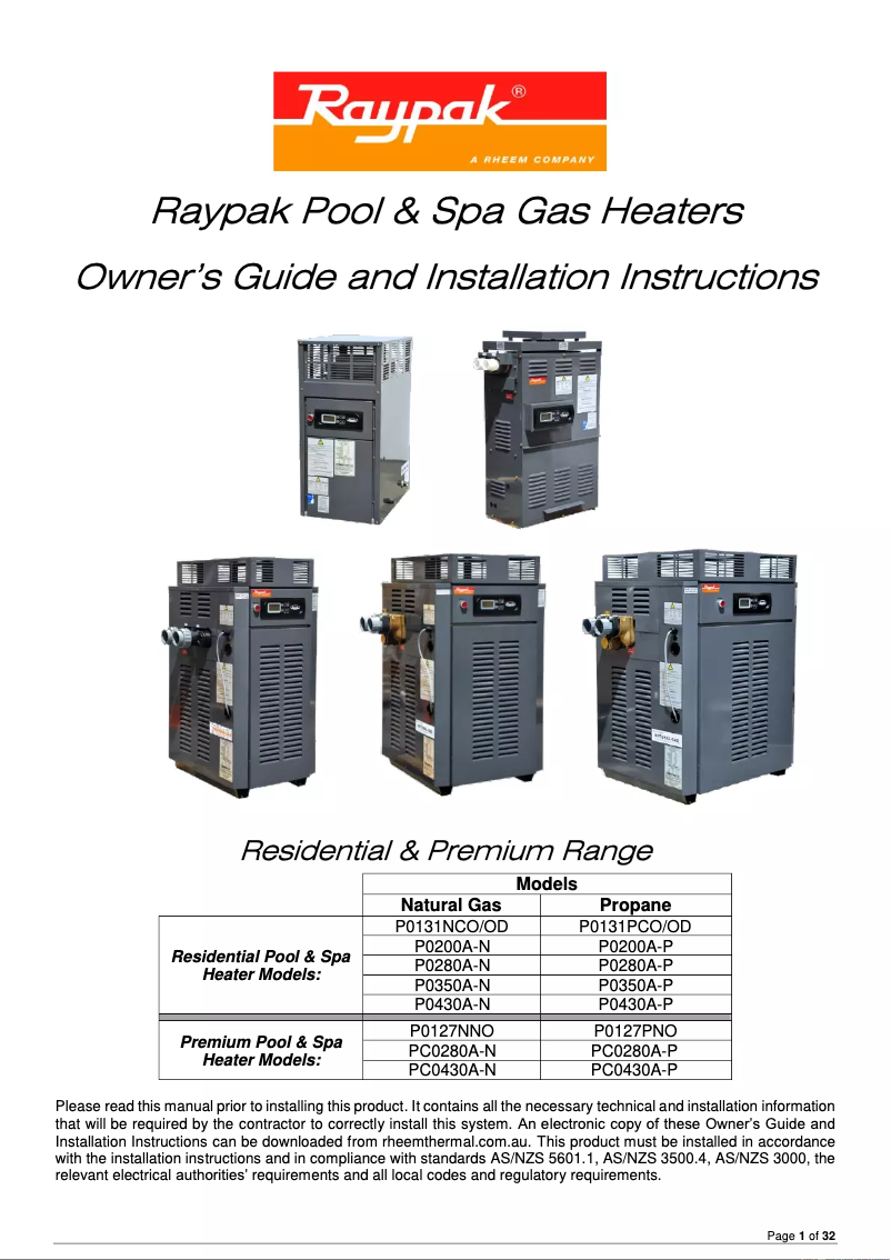 Page n°1 - Manuel utilisateur Rheem Raypak Residential P0280