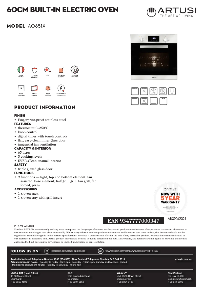 Page 1 de la notice Fiche technique Artusi AO651X