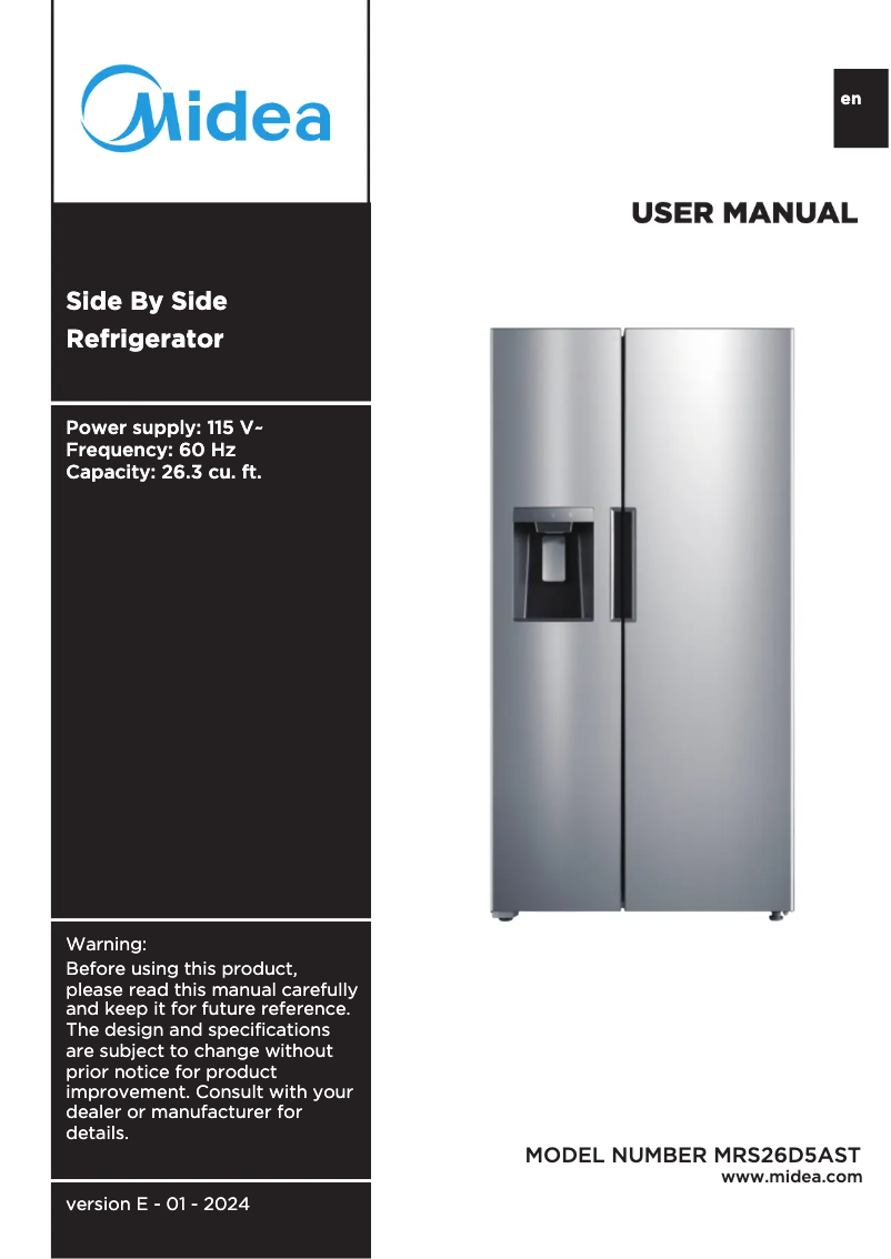 Page 1 de la notice Manuel utilisateur Midea MRS26D5AST