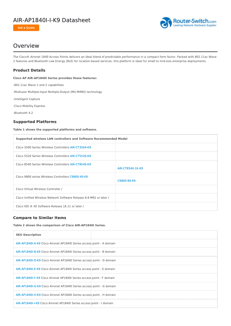 Page n°1 - Manuel utilisateur Cisco AIR-AP1840I-I-K9