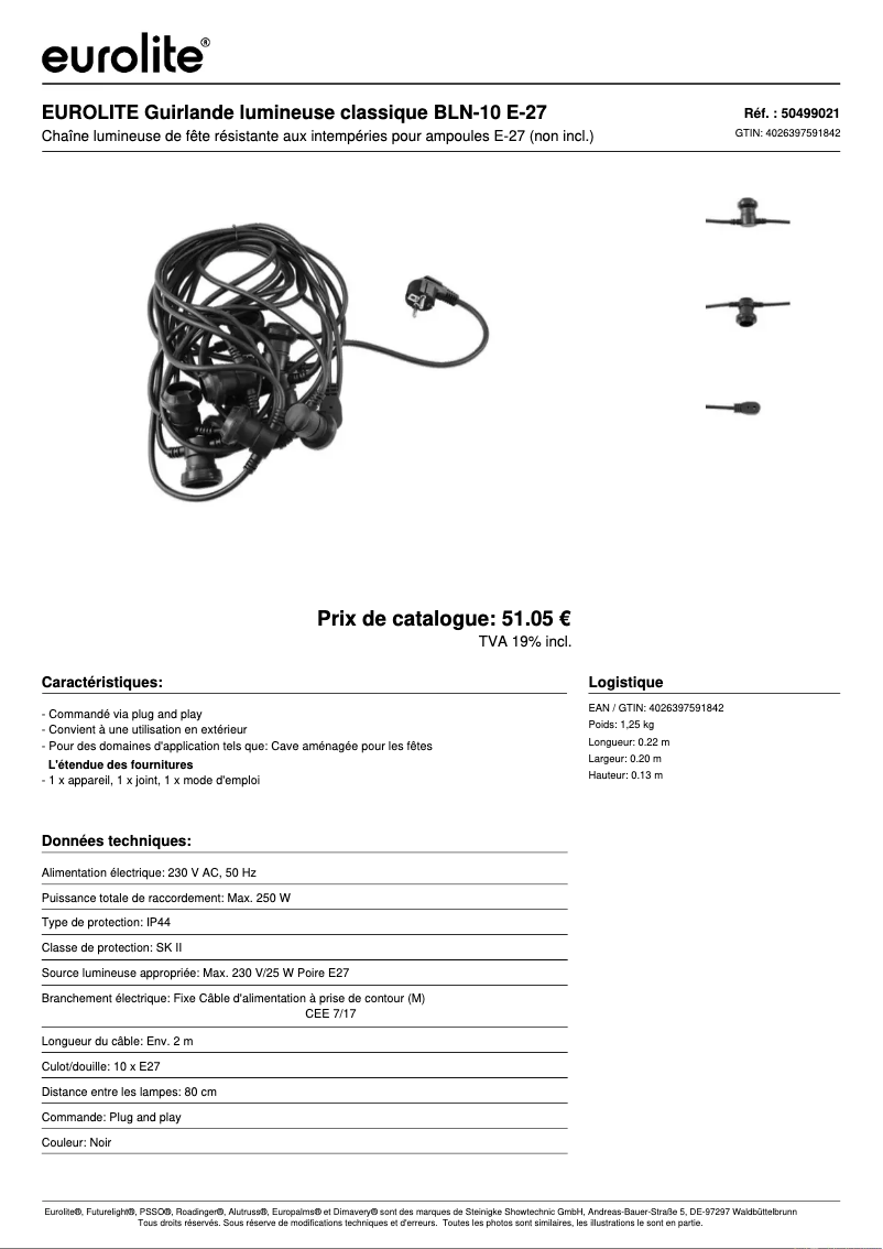 Page 1 de la notice Fiche technique Eurolite BLN-10 E-27
